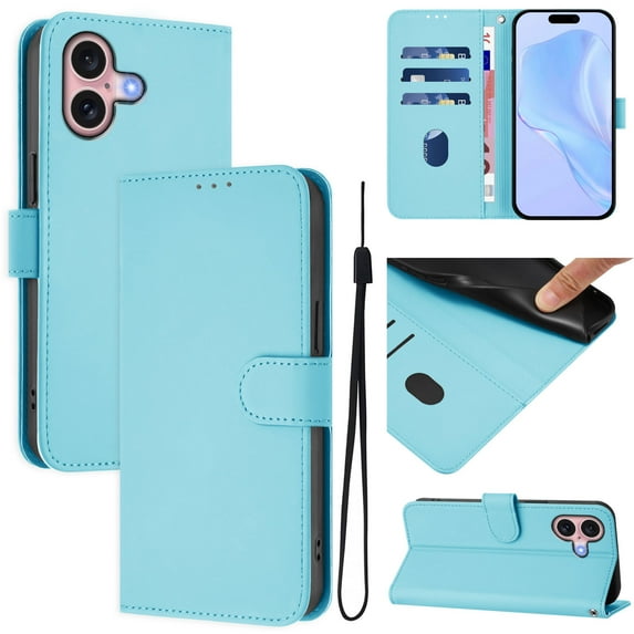 Compatible with iPhone 16 Wallet Case with RFID Blocking Credit Card Holder, PU Leather Folio Flip Kickstand Protective Shockproof Anti-fall Phone Case Cover Women Men,Skyblue