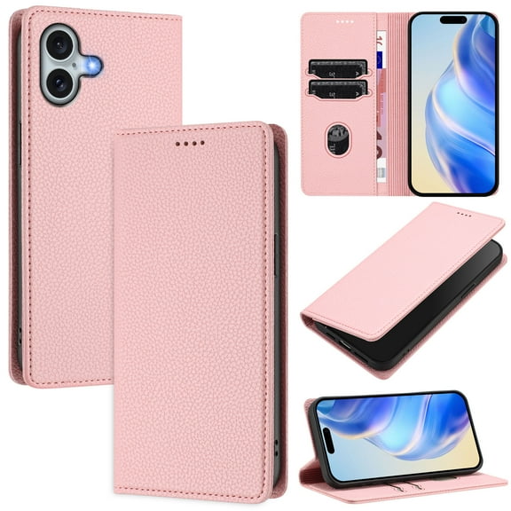 Compatible with iPhone 16 Wallet Case with RFID Blocking Credit Card Holder, PU Leather Folio Flip Kickstand Protective Shockproof Cover Women Men for iPhone 16 Phone Case - Pink