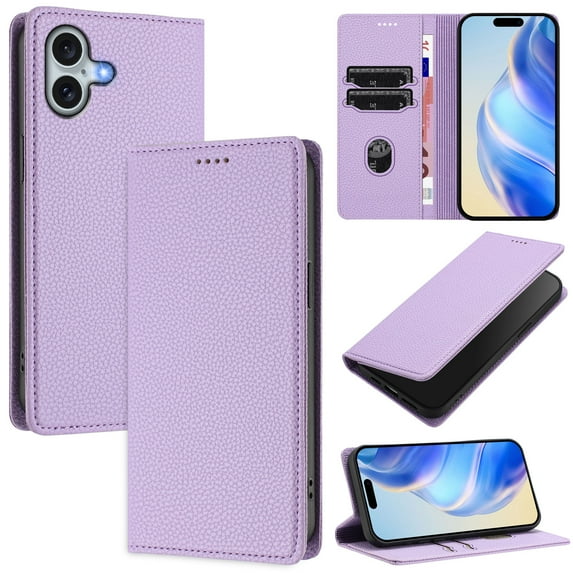 Compatible with iPhone 16 Wallet Case with RFID Blocking Credit Card Holder, PU Leather Folio Flip Kickstand Protective Shockproof Cover Women Men for iPhone 16 Phone Case - Purple