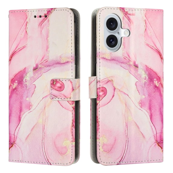 Compatible for iPhone 16 Wallet Case for Women Girls, Marble Pattern PU Leather Flip Cover with Card Holder Kickstand Strap, Shockproof Protective Phone Case for iPhone 16, Rosegold