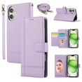 thumbnail image 1 of Compatible with iPhone 16 Wallet Case, with Wrist Strap and Crossbody Strap, Make-up Mirror PU Leather Flip Credit Cell Cover Kickstand for iPhone 16 Girls Women, Purple, 1 of 9
