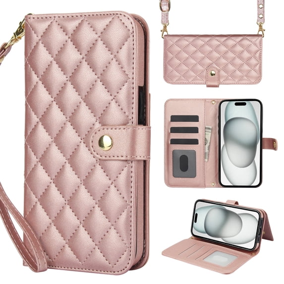 Compatible with iPhone 16 Wallet Case Wrist Strap + Crossbody Strap, PU Leather Multifunctional Card Slots Stand Rugged Cell Phone Cover for iPhone 16 Women Girls, Rosegold