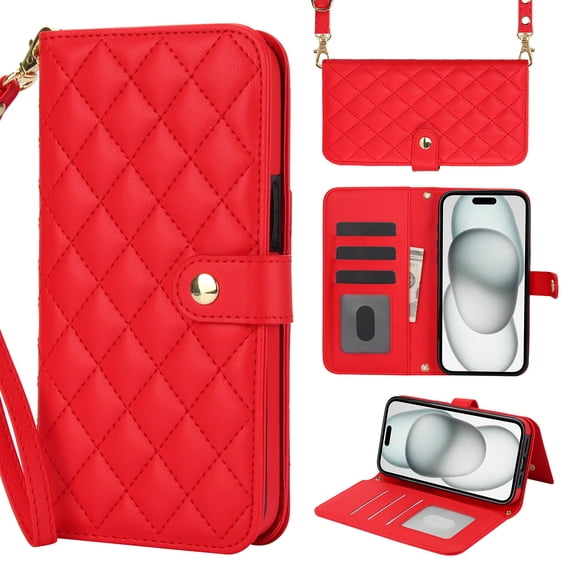 Compatible with iPhone 16 Wallet Case Wrist Strap + Crossbody Strap, PU Leather Multifunctional Card Slots Stand Rugged Cell Phone Cover for iPhone 16 Women Girls, Red
