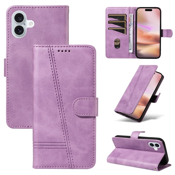 Compatible with iPhone 16 Wallet Case, with Wrist Strap Lanyard and PU Leather Flip Card Holder Stand Cell Accessories Mobile Phone Cover for iPhone 16 for Men Women, Purple