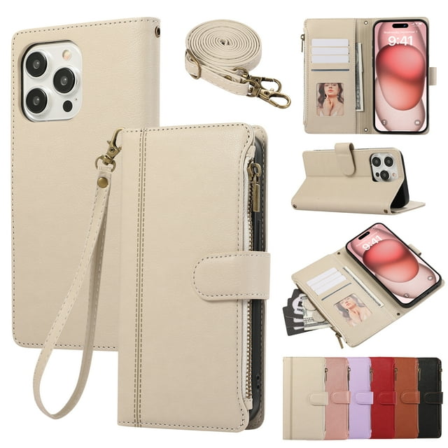 Compatible with iPhone 16 Wallet Case and Wrist Strap Protector PU