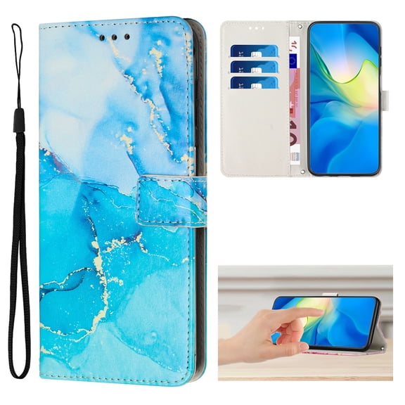Compatible for iPhone 16 Wallet Case, iPhone 16 Wallet Case[Stand Feature] [Wrist Strap] [Credit Cards Holder] New Marble Pattern Premium PU Leather Flip Protective Cover,Blue