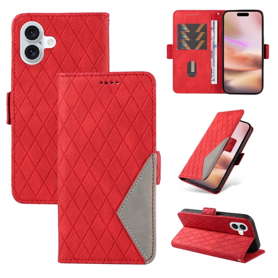 Compatible with iPhone 16 Wallet Flip Case, Classic PU Leather Shockproof Protective for Men Women Card Slots Kickstand Magnetic Closure Phone Case Cover for iPhone 16, Red