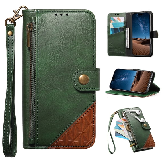 Compatible with iPhone 16 Wallet Phone Case - PU Leather Magnetic Flip Cover with Credit Card Slots Zipper Pocket & Detachable Wrist Strap, Shockproof Design, for Women and Men - Green