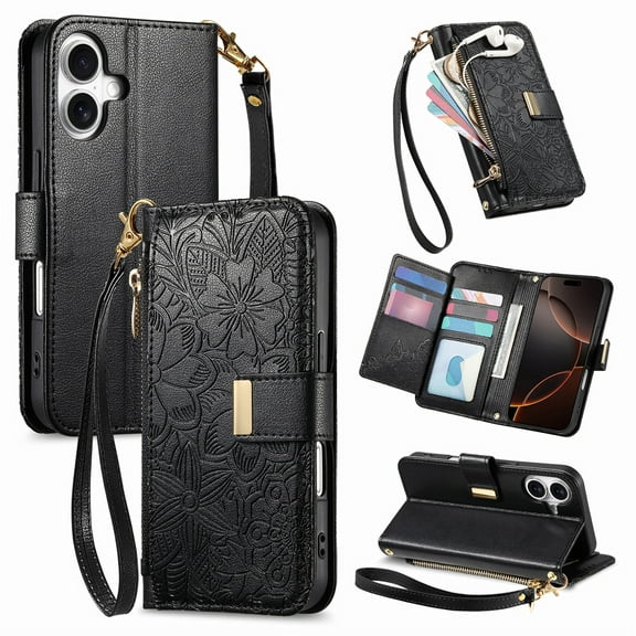 Compatible with iPhone 16 Wallet Phone Case,With Shoulder Strap&Wrist Strap,Zipper Pocket,Card Slots,Flip Folio Kickstand,Flower&Leaf Emboss PU Leather Shockproof Phone Case,Black