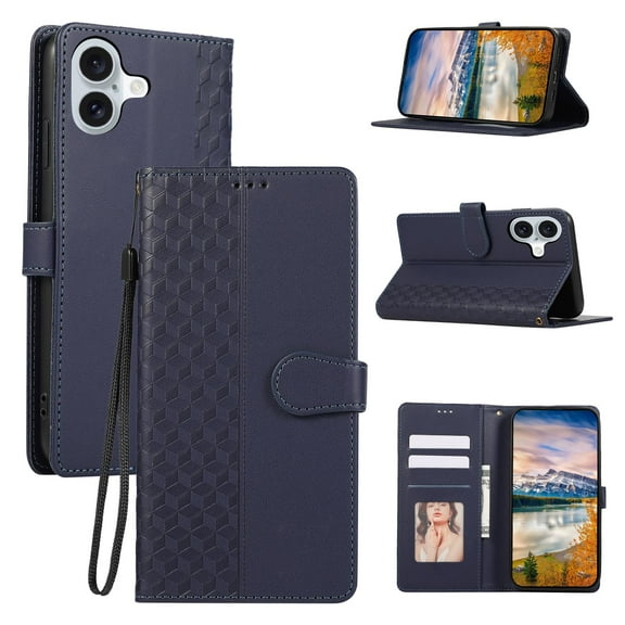 Compatible with iPhone 16 Wallet case Kickstand with RFID Blocking Credit Card Slots,Magnetic Clasp Flip Book with Wrist Strap PU Leather Soft Inner Shockproof Cover Women Men,Blue