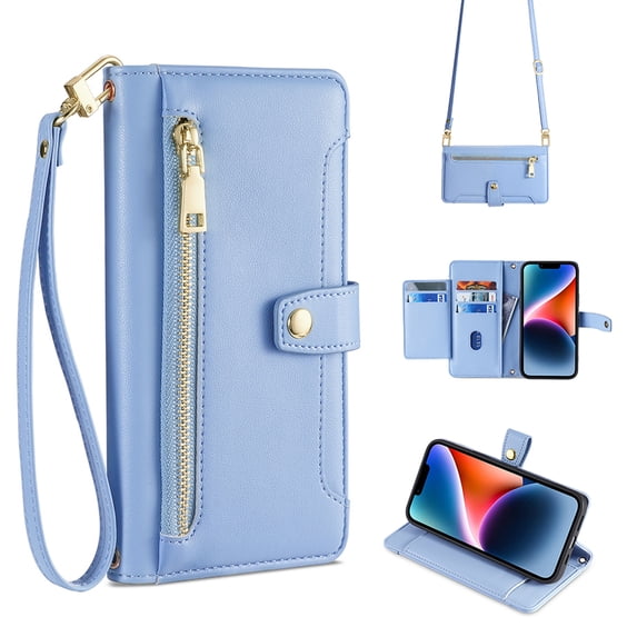 Compatible with iPhone 16, Zipper Purse Shoulder Strap & Wrist Strap Card Slots Kickstand PU Leather Wallet Case Rugged Magnetic Closure for iPhone 16, Blue