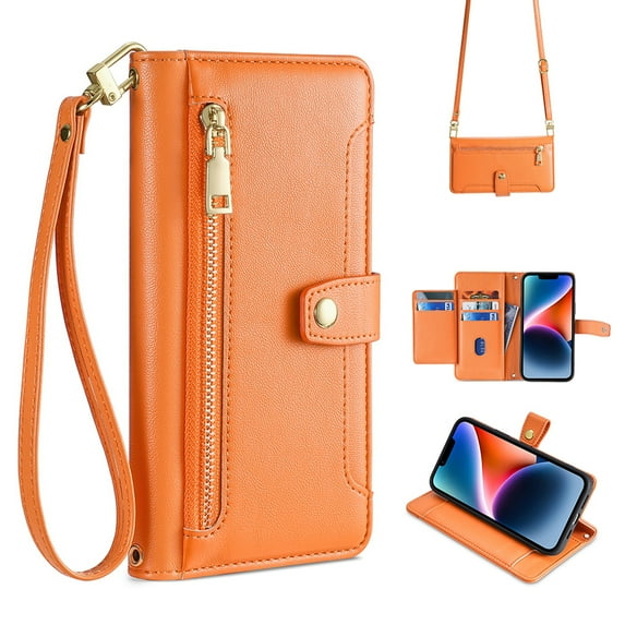 Compatible with iPhone 16, Zipper Purse Shoulder Strap & Wrist Strap Card Slots Kickstand PU Leather Wallet Case Rugged Magnetic Closure for iPhone 16, Orange