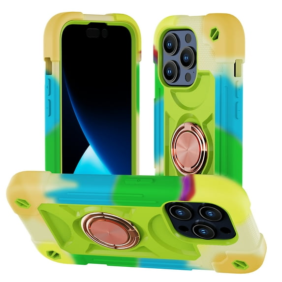 Compatible with iPhone 16e Case, with 360° Rotate Ring Stand, Military Grade Drop Protection Full Body Rugged Heavy Duty Case 3 in 1 Protective Cover for iPhone 16e, Colorful Yellow Green