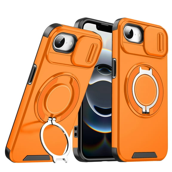 Compatible with iPhone 16e Case with Camera Lens Slide Cover Magnetic Ring Stand [Compatible with MagSafe] Shockproof Heavy Duty Military Phone Case for iPhone 16e,Orange
