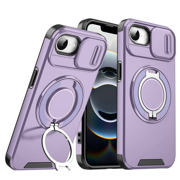 Compatible with iPhone 16e Case with Camera Lens Slide Cover Magnetic Ring Stand [Compatible with MagSafe] Shockproof Heavy Duty Military Phone Case for iPhone 16e,Purple
