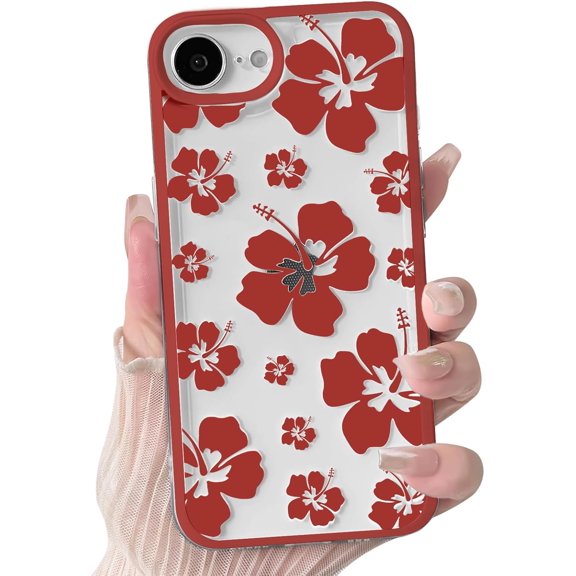 Compatible for iPhone 16e Case Clear Cute Floral Flower Hibiscus with Color Edge Design for Girls Women Soft TPU Shockproof Protective Girly for iPhone 16e Case-Red