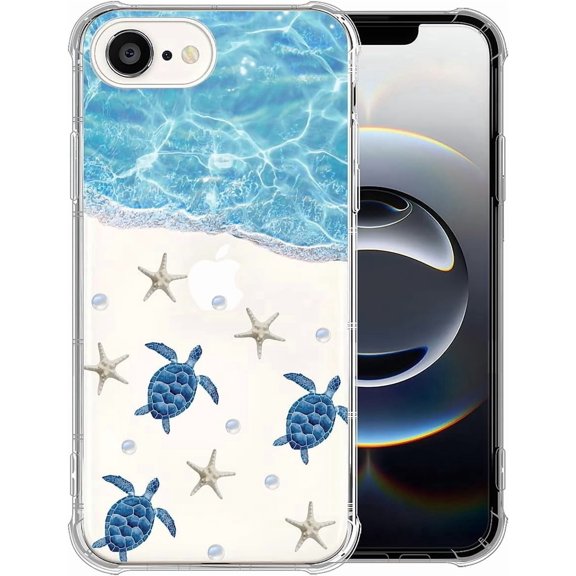 Compatible with iPhone 16e Case, Clear Four Corner Shockproof Airbags, Ultra-Thin Anti-Slip Design Military-Grade Protection Case - Beach Starfish Sea Turtle