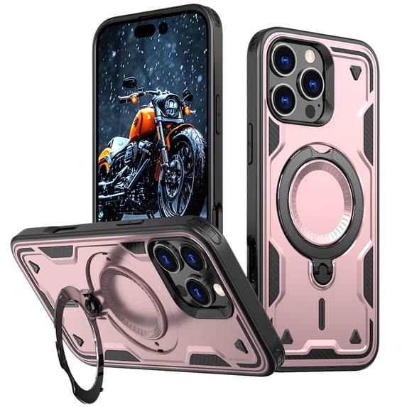 Compatible with iPhone 16e Case, Hybrid Slim Phone Cases Fit for iPhone 16e, Compatible with MagSafe Magnetic Ring Kickstand Stand Rugged Case, Shockproof Protective, Rosegold