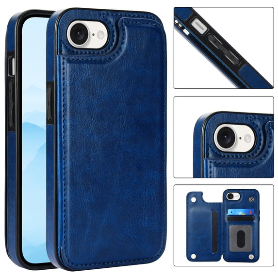 Compatible with iPhone 16e Case, with PU Leather Credit Card Holder Magnetic Back Stand Cell Accessories Flip Purse Slim Design Phone Cover for iPhone 16e Women Men, Darkblue