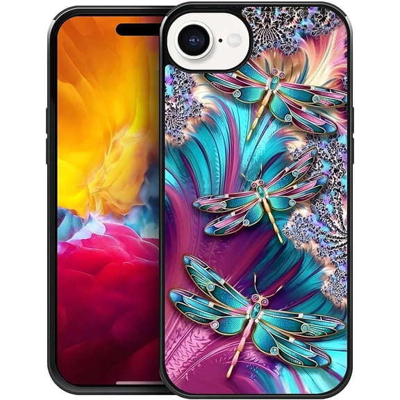 Compatible with iPhone 16e Case, Pattern Design Hard PC Back Cover Non-Slip Shock Absorption Soft TPU Protective Case for iPhone 16e 6.1inch-Colorful Dragonflies