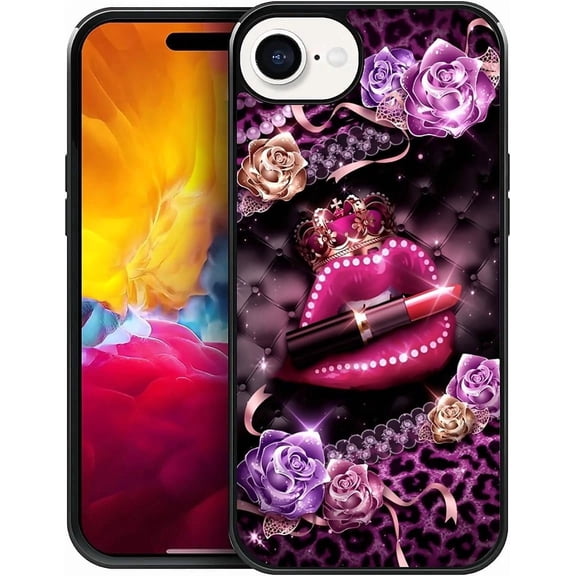 Compatible with iPhone 16e Case, Pattern Design Hard PC Back Cover Non-Slip Shock Absorption Soft TPU Protective Case for iPhone 16e 6.1inch-Golden Rose Pearl Lips