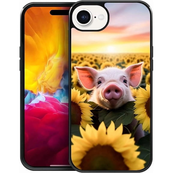 Compatible with iPhone 16e Case, Pattern Design Hard PC Back Cover Non-Slip Shock Absorption Soft TPU Protective Case for iPhone 16e 6.1inch-Pig Sunflower