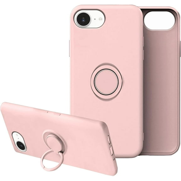 Compatible with iPhone 16e Case with Ring Kickstand Green, Phone Case for iPhone 16e Silicone Liquid with Soft Microfiber Lining Slim Shockproof Protective Cover (Rosa)