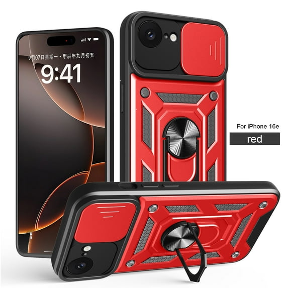Compatible with iPhone 16e Case with Sliding Camera Lens Cover and Ring Kickstand Heavy Duty Military Grade Rugged Protection Shockproof Back Phone Cover for iPhone 16e, Red