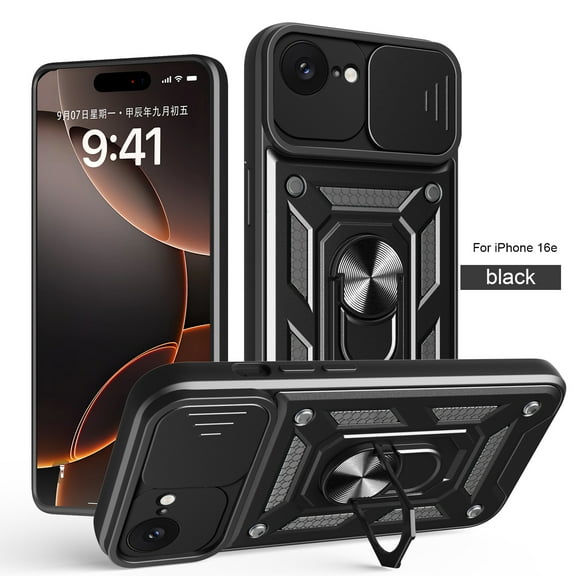 Compatible with iPhone 16e Case with Sliding Camera Lens Cover and Ring Kickstand Heavy Duty Military Grade Rugged Protection Shockproof Back Phone Cover for iPhone 16e, Black