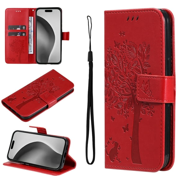 Compatible with iPhone 16e Case Wallet Case with Kickstand Credit Card Holder Slots Cute Cat Butterfly & Tree Embossed Premium PU Leather Protective Phone Case with Wrist Strap,Red