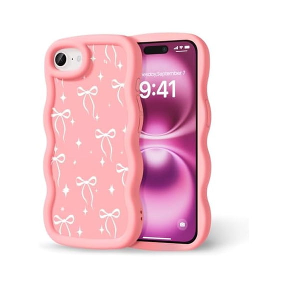 Compatible with iPhone 16e Case for Women Girls, Curly Wavy Frame with Cute Pattern, Aesthetic Slim Soft Silicone TPU Bumper Shockproof Phone Case for iPhone 16e - Bowknot Star