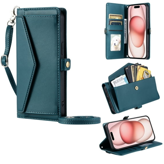 Compatible with iPhone 16e Crossbody Wallet Case with Card Holder,Women Men RFID Blocking PU Leather Flip Cover Wrist Strap Card Slots Cash Pocket ,Phone Case for iPhone 16e,Green