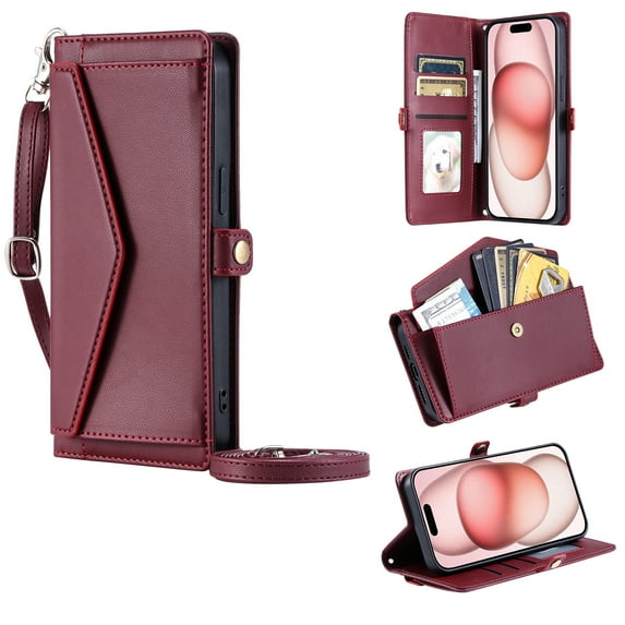 Compatible with iPhone 16e Crossbody Wallet Case with Card Holder,Women Men RFID Blocking PU Leather Flip Cover Wrist Strap Card Slots Cash Pocket ,Phone Case for iPhone 16e,Winered