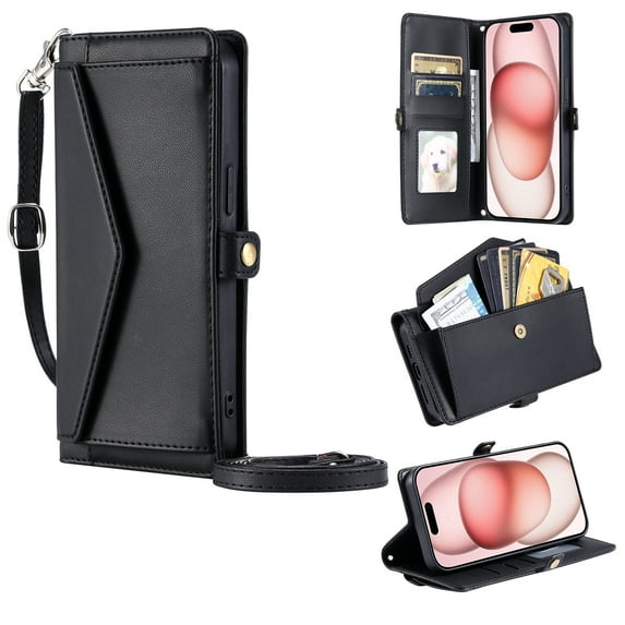 Compatible with iPhone 16e Crossbody Wallet Case with Card Holder,Women Men RFID Blocking PU Leather Flip Cover Wrist Strap Card Slots Cash Pocket ,Phone Case for iPhone 16e,Black