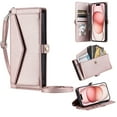 thumbnail image 1 of Compatible with iPhone 16e Crossbody Wallet Case with Card Holder,Women Men RFID Blocking PU Leather Flip Cover Wrist Strap Card Slots Cash Pocket ,Phone Case for iPhone 16e,Rosegold, 1 of 9