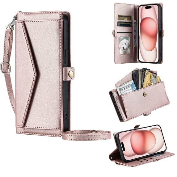 Compatible with iPhone 16e Crossbody Wallet Case with Card Holder,Women Men RFID Blocking PU Leather Flip Cover Wrist Strap Card Slots Cash Pocket ,Phone Case for iPhone 16e,Rosegold