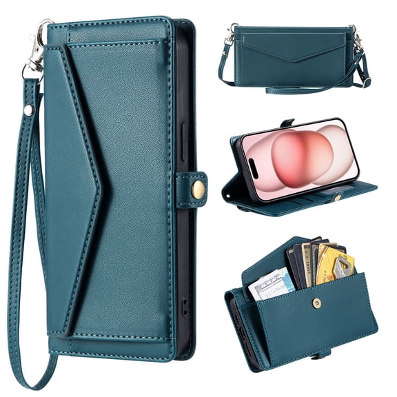Compatible with iPhone 16e Envelope Style Wallet Case, with Wrist Strap and Crossbody Strap, Flip Card Holder Stand Rugged Cell Phone Cover for iPhone 16e Women Men - Green
