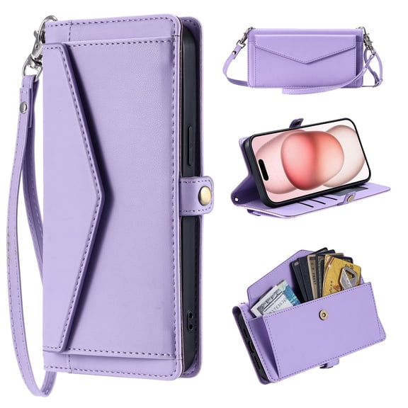 Compatible with iPhone 16e Envelope Style Wallet Case, with Wrist Strap and Crossbody Strap, Flip Card Holder Stand Rugged Cell Phone Cover for iPhone 16e Women Men - Purple