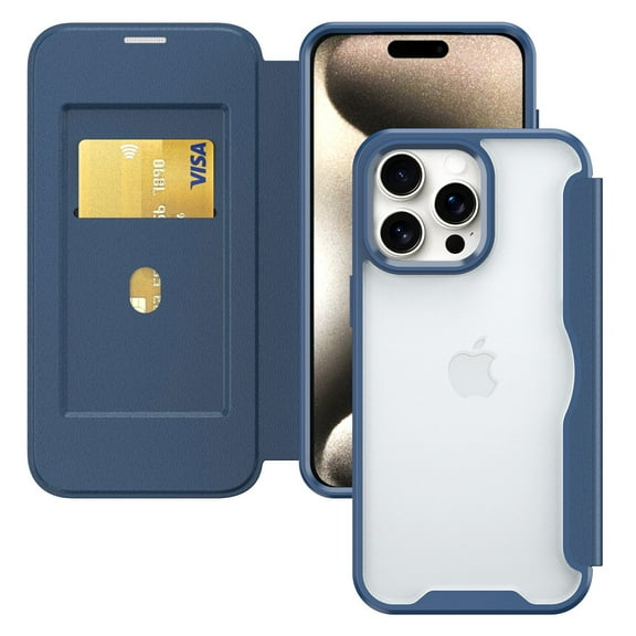 Compatible for iPhone 16e Flip Wallet Case with Card Holder, Rugged Clear Case with RFID Blocking Shockproof Full Body Protection Non-Yellowing Phone Cover for iPhone 16e, Blue