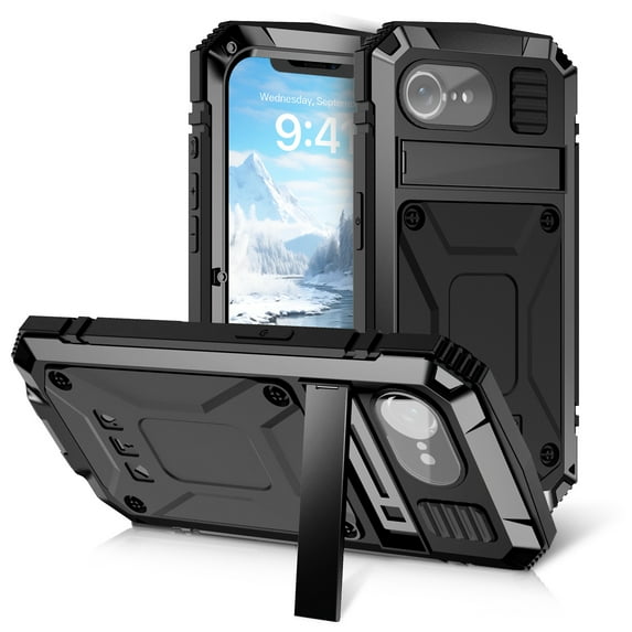 Compatible with iPhone 16e Metal Case, with Screen Protector Camera Lens Protector Military Rugged Heavy Duty Shockproof Case with Metal Kickstand Full Body Tough Dustproof Case, Black