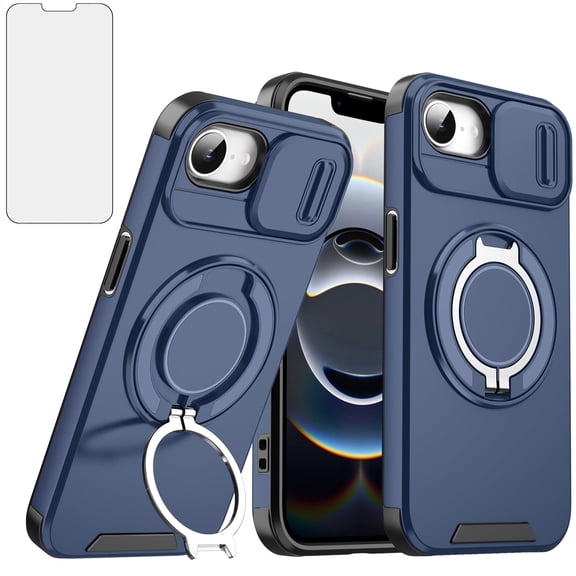 Compatible with iPhone 16e/SE 2025/SE 4 Phone Case Slide Camera Cover Tempered Glass Screen Protector Stand Ring Holder Rugged Slim Cell for i Phone16e 16 e SE4 4th Generation 16eCase Women Men Blue