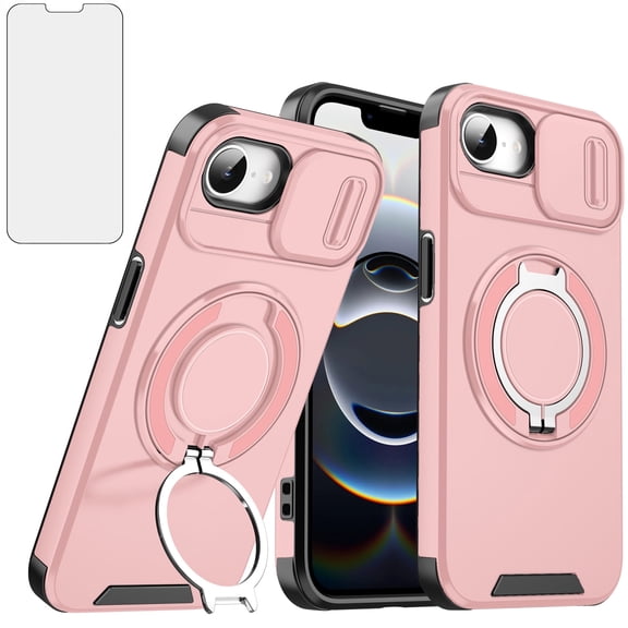 Compatible with iPhone 16e/SE 2025/SE 4 Phone Case Slide Camera Cover Tempered Glass Screen Protector Stand Ring Holder Rugged Slim Cell for i Phone16e 16 e SE4 4th Generation 16eCase Women Men Pink