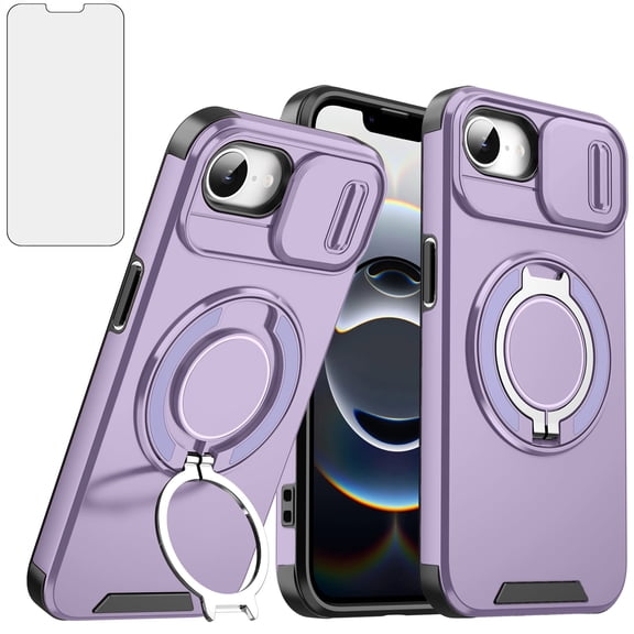 Compatible with iPhone 16e/SE 2025/SE 4 Phone Case Slide Camera Cover Tempered Glass Screen Protector Stand Ring Holder Rugged Slim Cell for i Phone16e 16e SE4 4th Generation 16eCase Women Men Purple