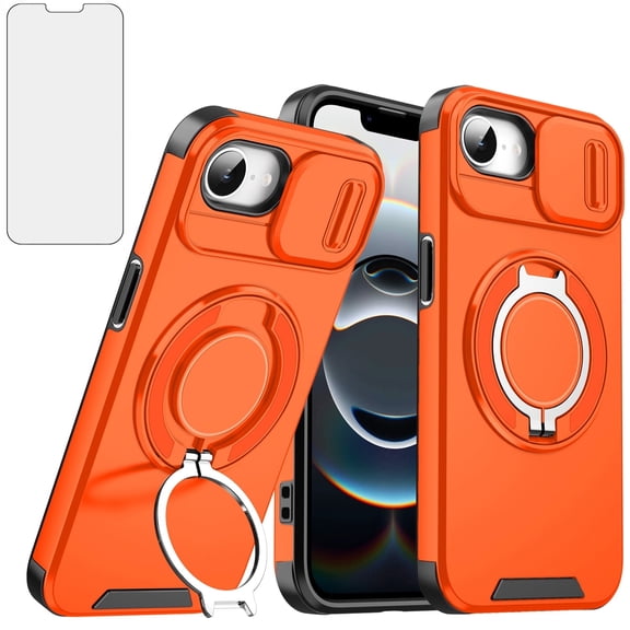 Compatible with iPhone 16e/SE 2025/SE 4 Phone Case Slide Camera Cover Tempered Glass Screen Protector Stand Ring Holder Rugged Slim Cell for i Phone16e 16e SE4 4th Generation 16eCase Women Men Orange