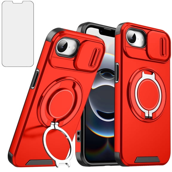 Compatible with iPhone 16e/SE 2025/SE 4 Phone Case Slide Camera Cover Tempered Glass Screen Protector Stand Ring Holder Rugged Slim Cell for i Phone16e i16 e SE4 4th Generation 16eCase Women Men Red