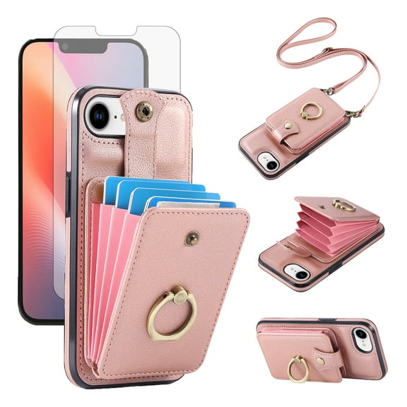 Compatible with iPhone 16e/SE 2025/SE 4 Wallet Phone Case Screen Protector Ring Crossbody Strap Stand Credit Card Holder RFID Cell Cover for i Phone16e i16e 16 e SE4 Generation Women Girls Rose Gold
