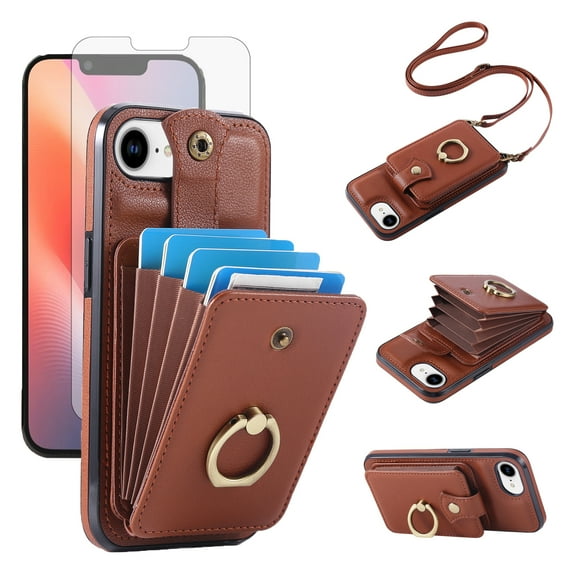 Compatible with iPhone 16e/SE 2025/SE 4 Wallet Phone Case Screen Protector Ring Crossbody Strap Stand Credit Card Holder RFID Cell Cover for i Phone16e i16e 16 e SE4 4th Generation Women Girls Brown