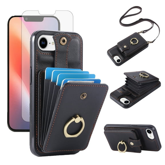 Compatible with iPhone 16e/SE 2025/SE 4 Wallet Phone Case Screen Protector Ring Crossbody Strap Stand Credit Card Holder RFID Cell Cover for i Phone16e i16e 16 e SE4 4th Generation Women Girls Black