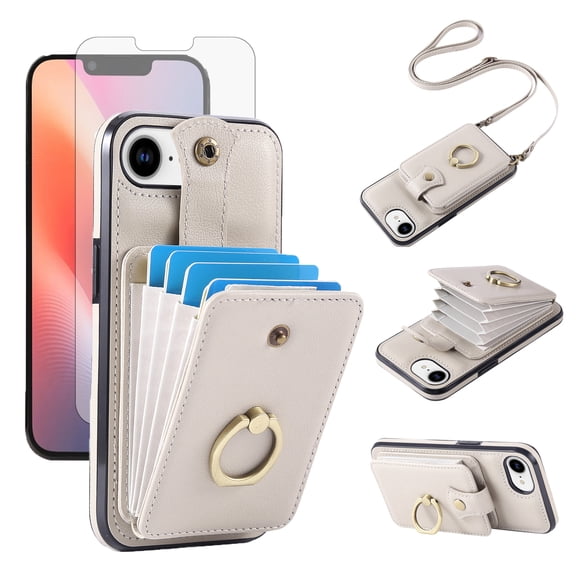 Compatible with iPhone 16e/SE 2025/SE 4 Wallet Phone Case Screen Protector Ring Crossbody Strap Stand Credit Card Holder RFID Cell Cover for i Phone16e i16e 16 e SE4 4th Generation Women Girls Beige