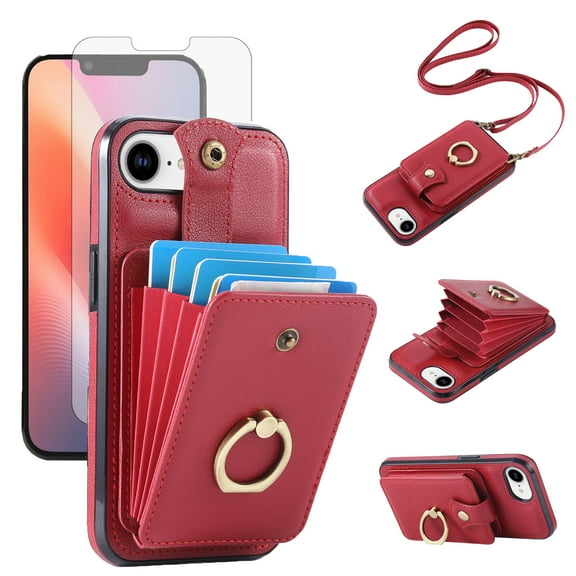Compatible with iPhone 16e/SE 2025/SE 4 Wallet Phone Case Screen Protector Ring Crossbody Strap Stand Credit Card Holder RFID Cell Cover for i Phone16e i16e 16 e SE4 4th Generation Women Girls Red